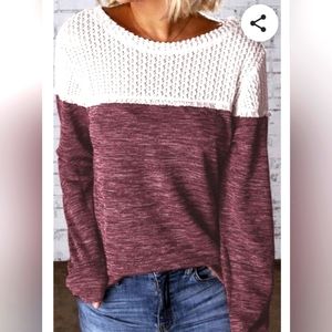 Women's Long Sleeve Ivory Crochet Top with Wine Ribbed Body, Large, Soft